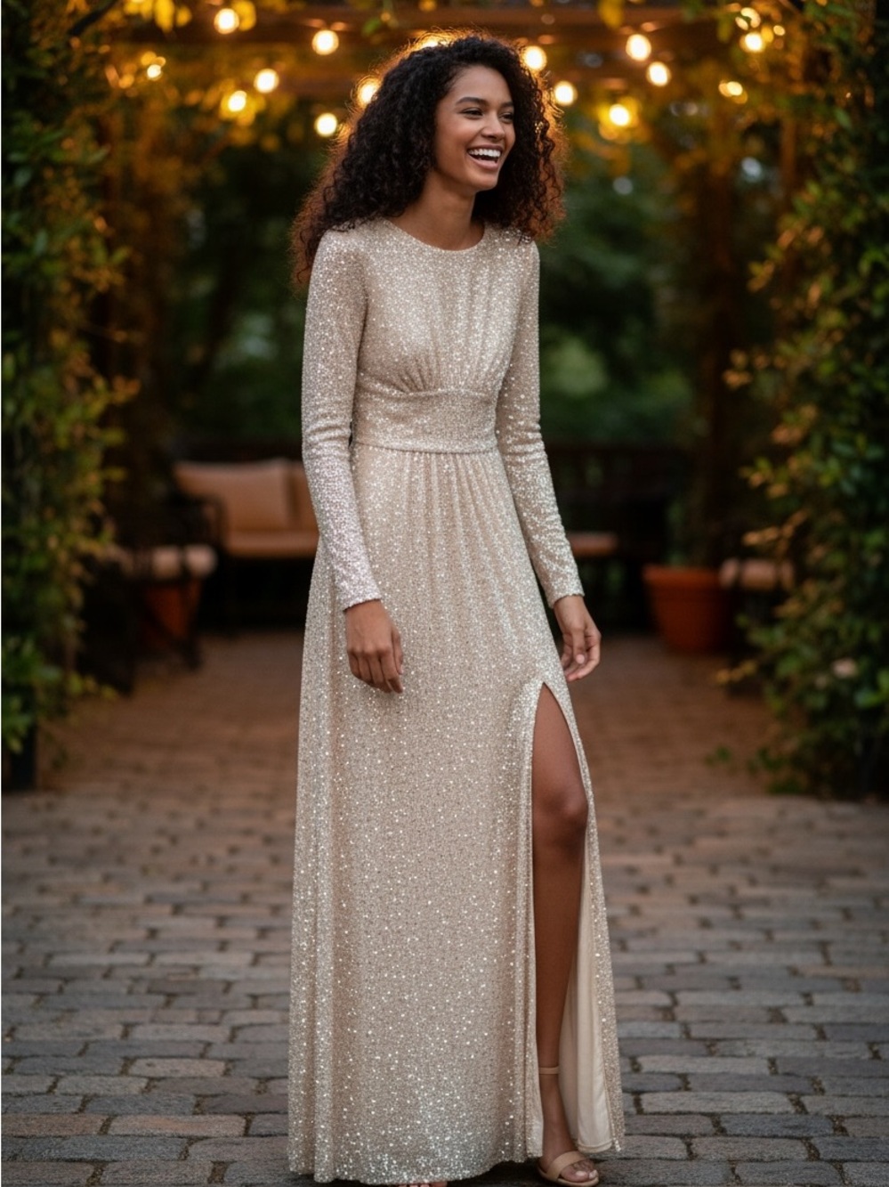 New with tags Elegant Long-Sleeve Sequin Gown in Champagne